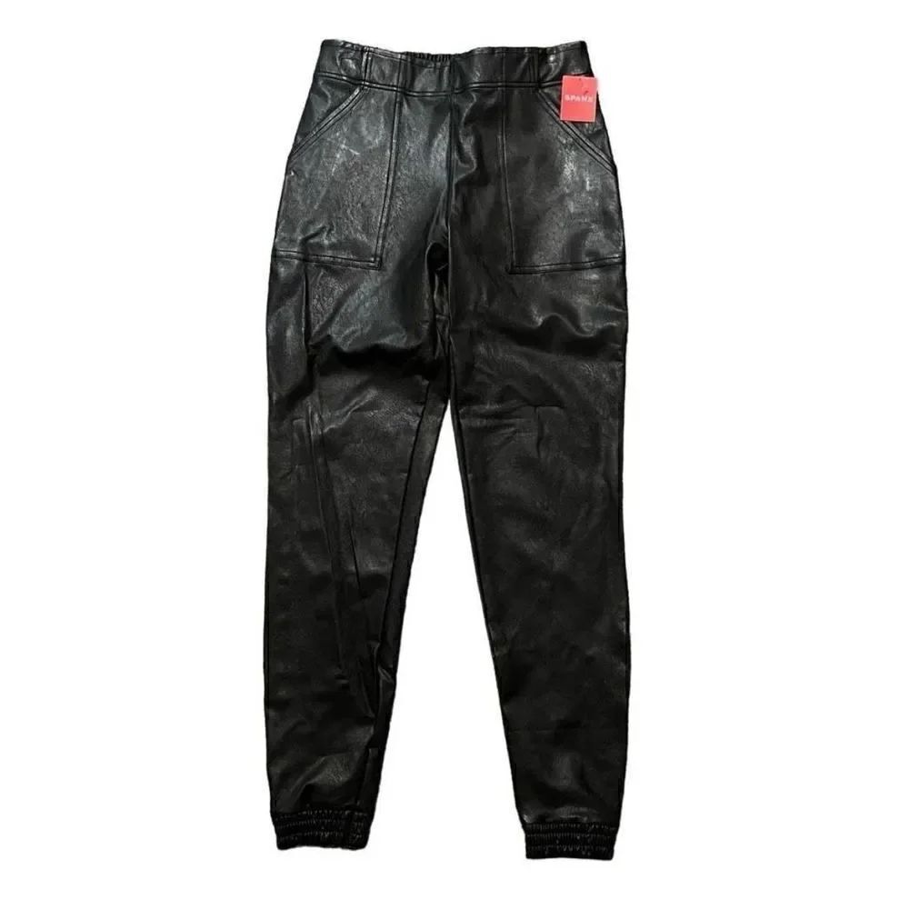 Spanx black faux leather like joggers size medium
